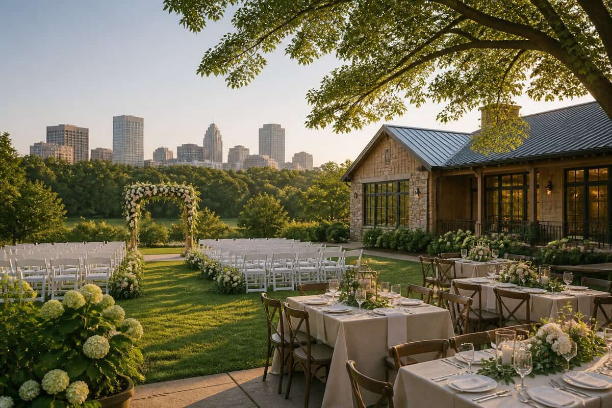 A charming wedding venue with garden ceremony seating and a simple reception building near the city.