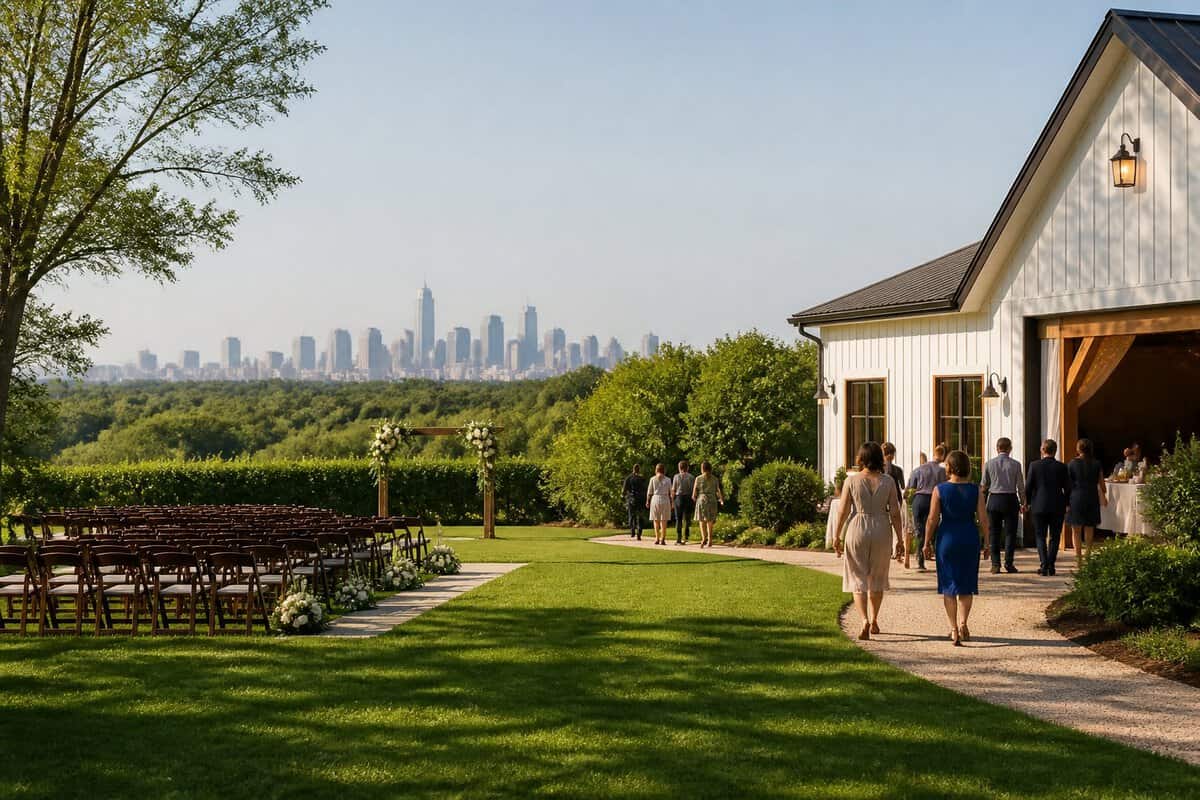 A modest wedding venue with a garden and outdoor ceremony area near a distant city skyline.