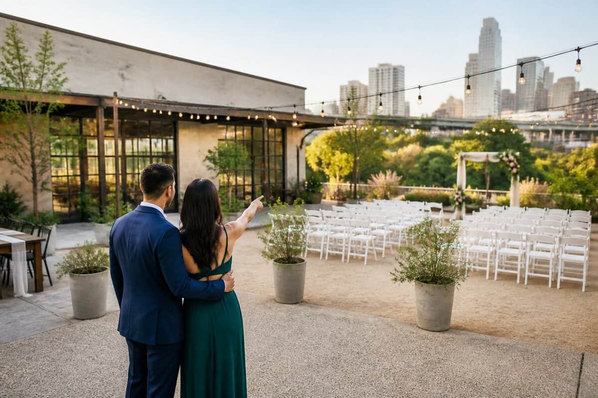 A couple views an affordable wedding venue with simple decorations near a city skyline.