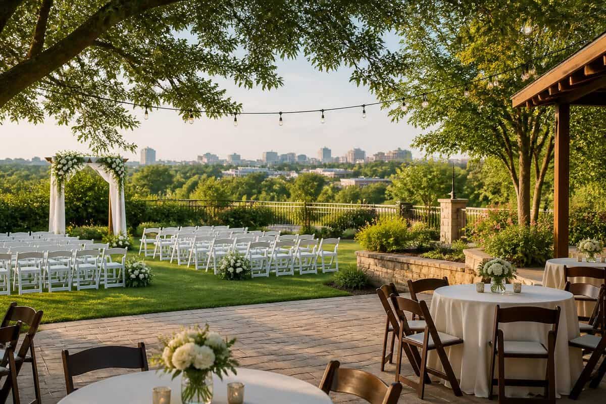 A landscaped outdoor wedding venue with seating, a floral arch, and a distant city skyline.