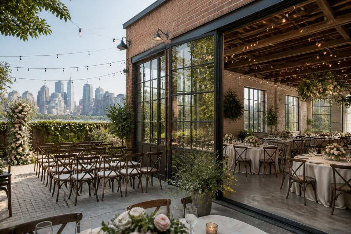 A decorated wedding venue with flexible seating and city buildings visible in the distance.