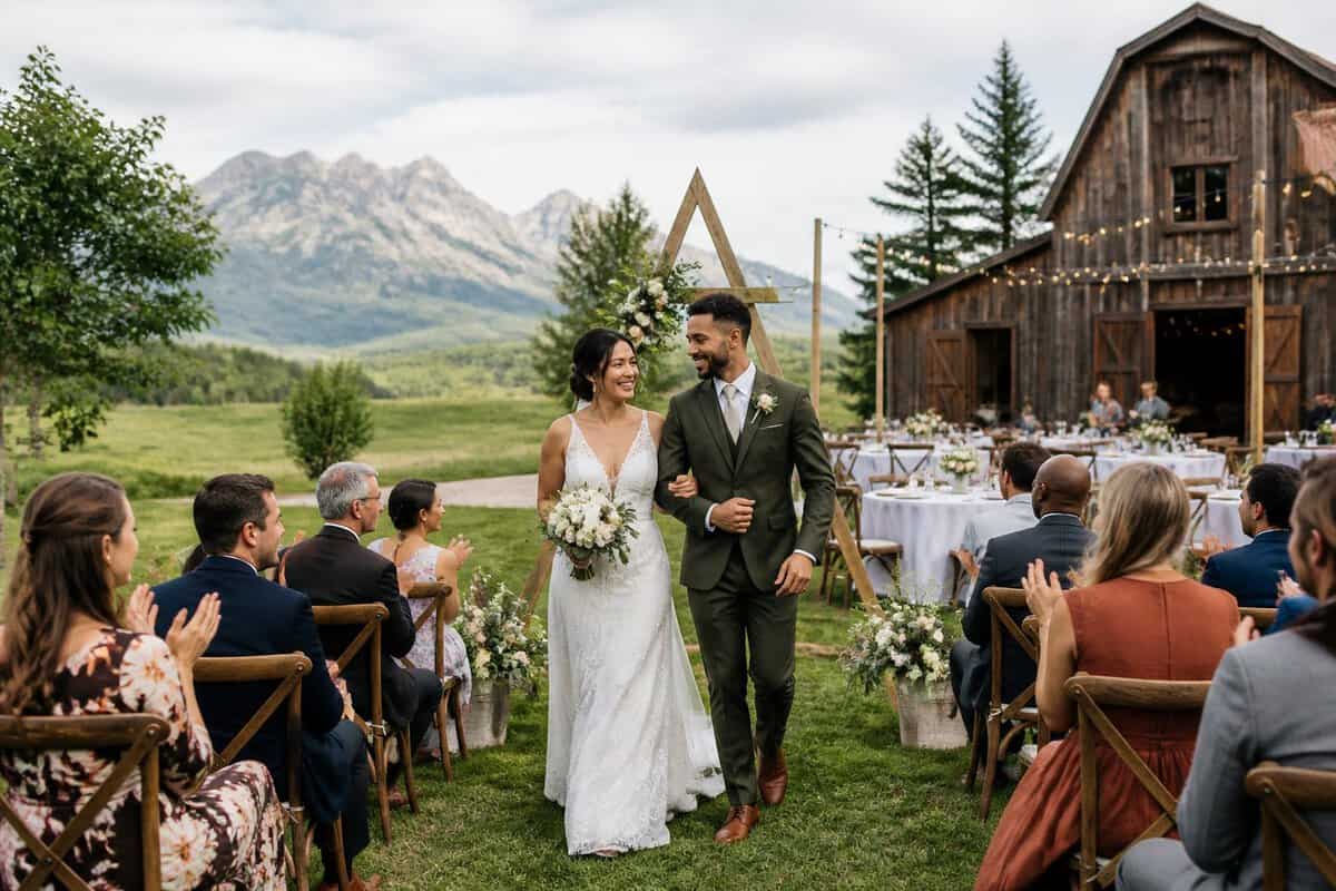 A couple and guests celebrate at an elegant outdoor wedding venue with a rustic building and mountain scenery.