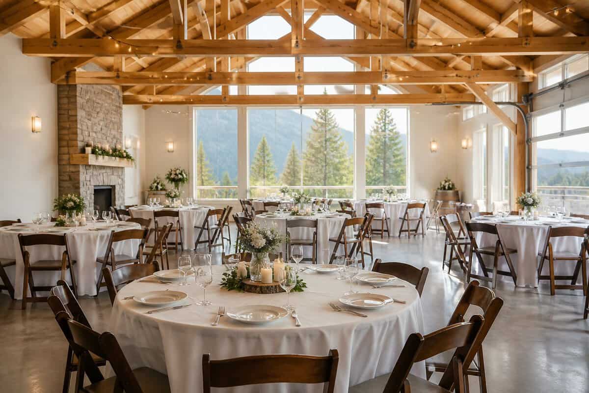 A bright, simply decorated wedding reception hall with tables, greenery, and large windows overlooking an Alberta landscape.