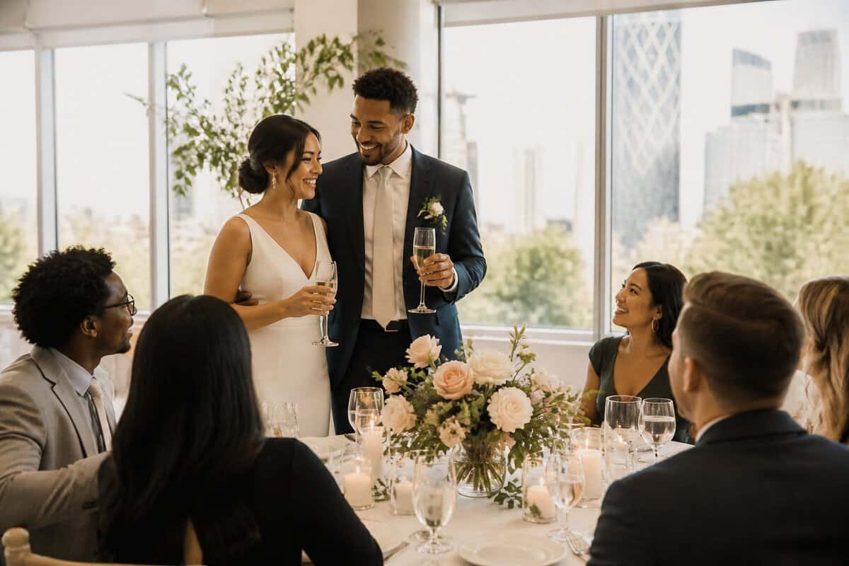A couple celebrates their wedding with guests in a warmly decorated Calgary venue.