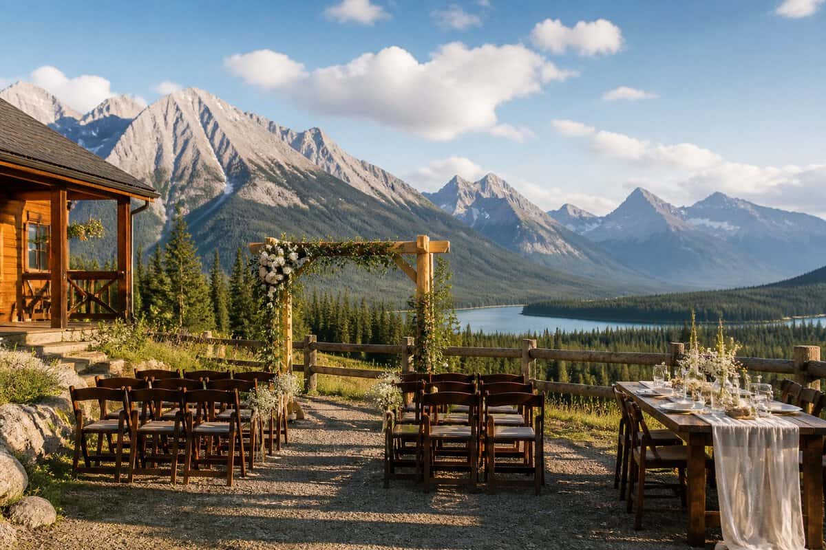 A simple outdoor wedding setup beside a rustic venue with the Alberta Rocky Mountains in the background.