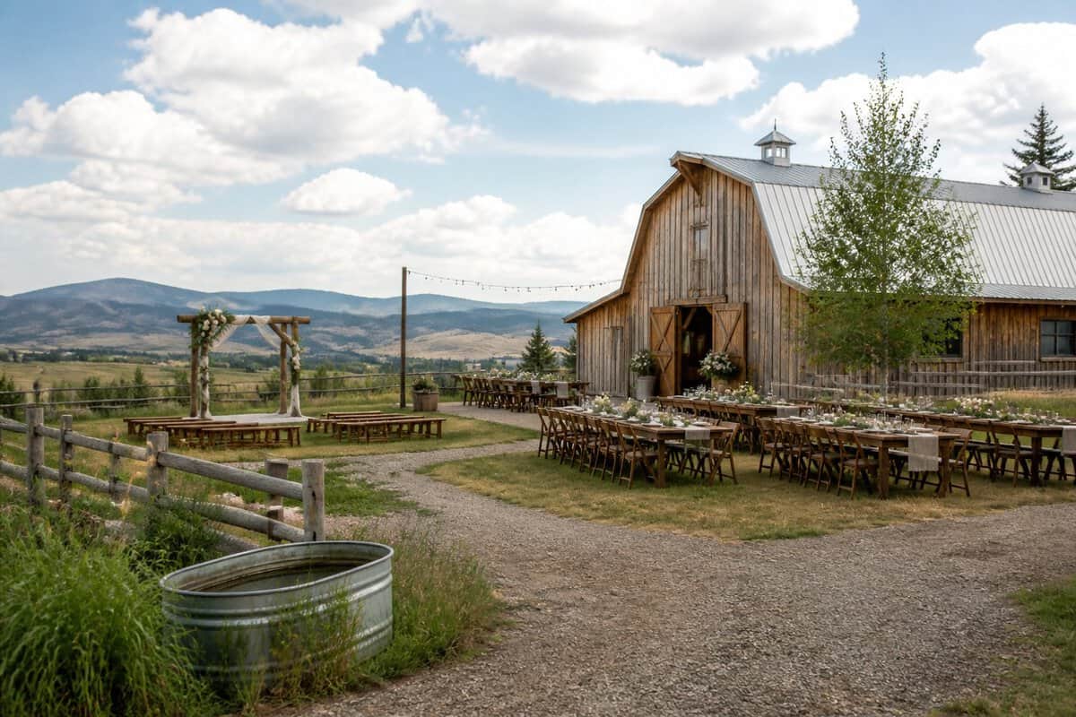A rustic barn wedding venue surrounded by Alberta prairie fields and foothills.