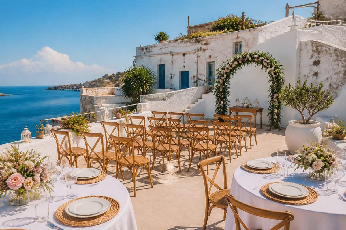 An intimate seaside wedding venue with simple decorations, white chairs, floral arrangements, and an ocean view.