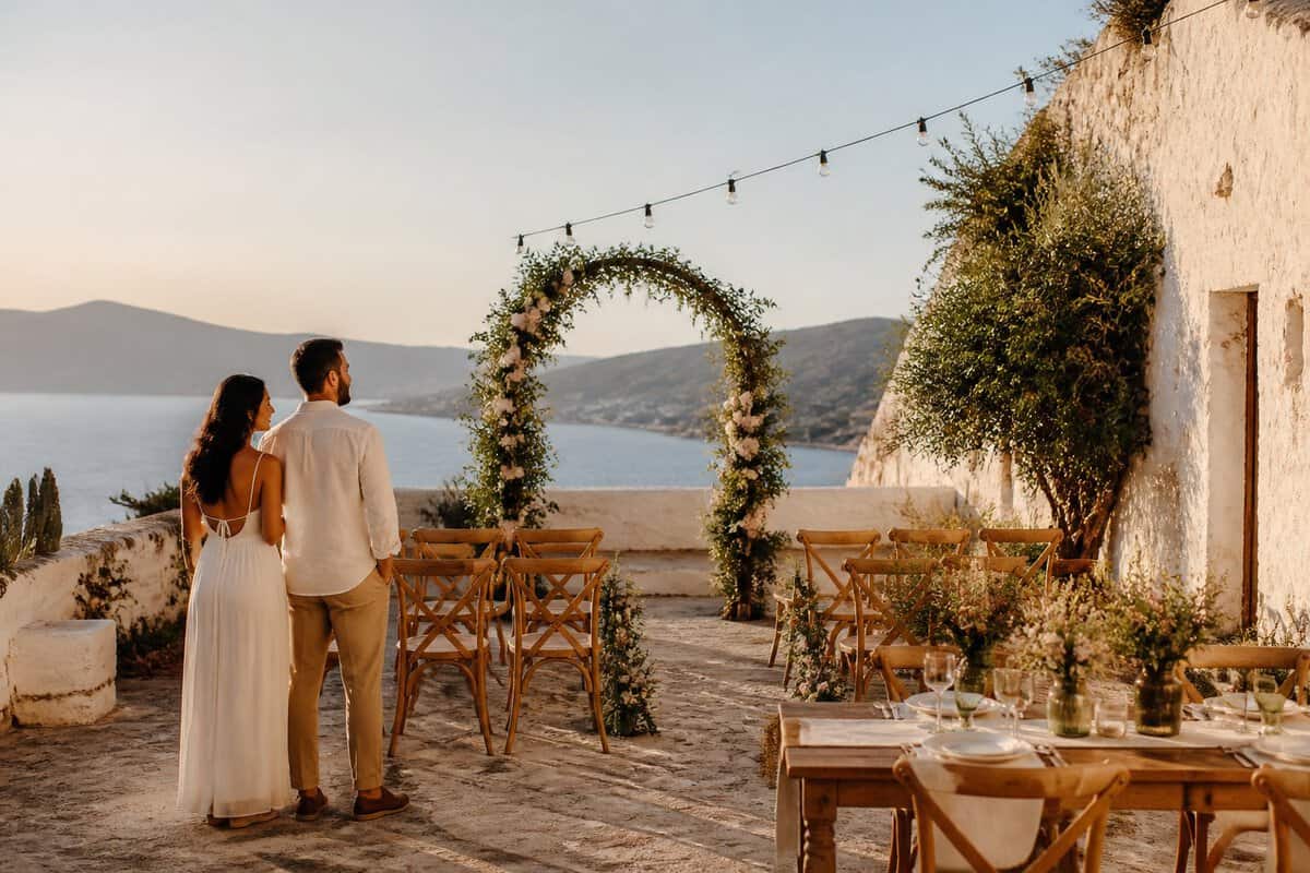 A couple explores a modest outdoor wedding venue overlooking a scenic coastal landscape.