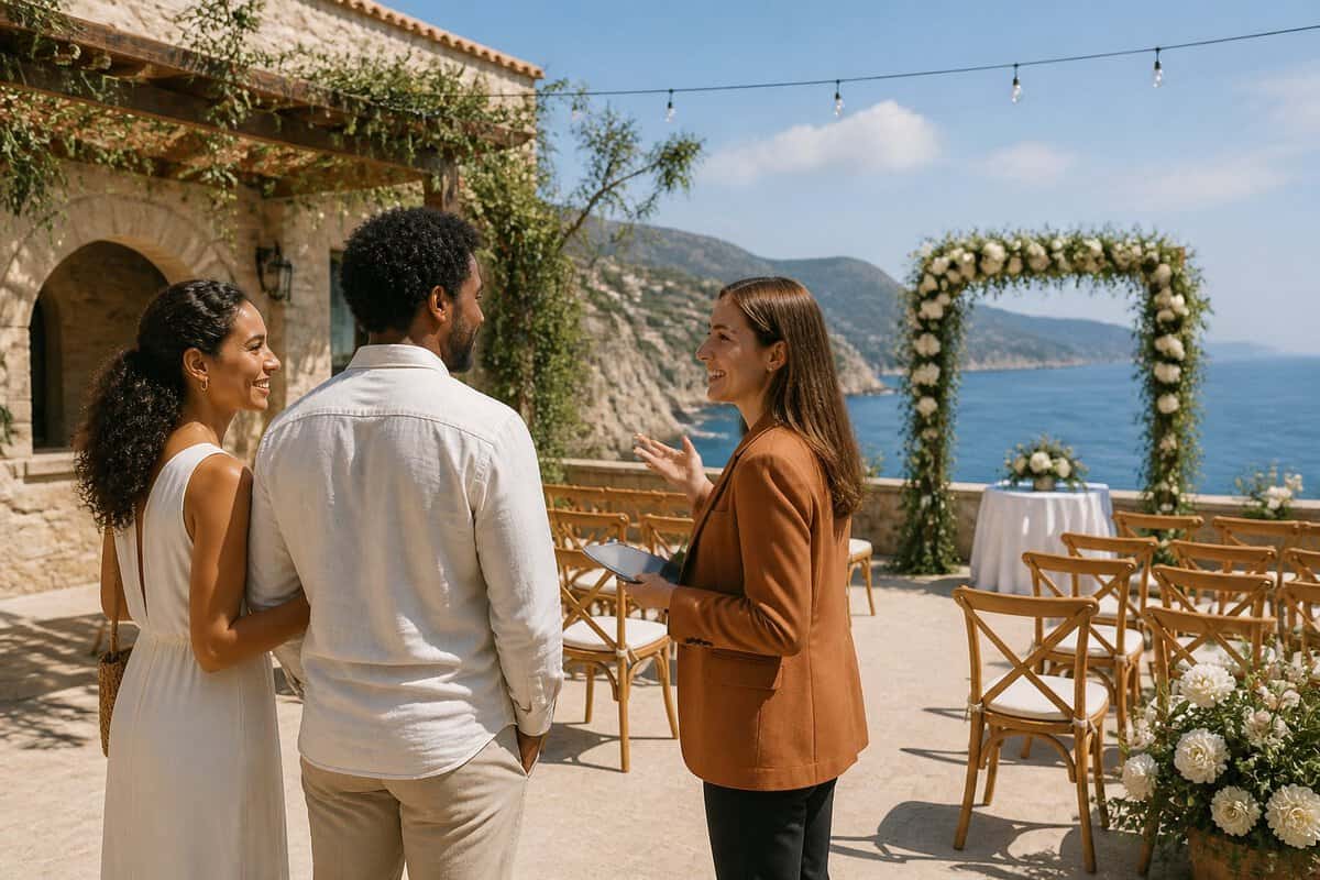 A couple and a wedding coordinator view an affordable seaside wedding venue.
