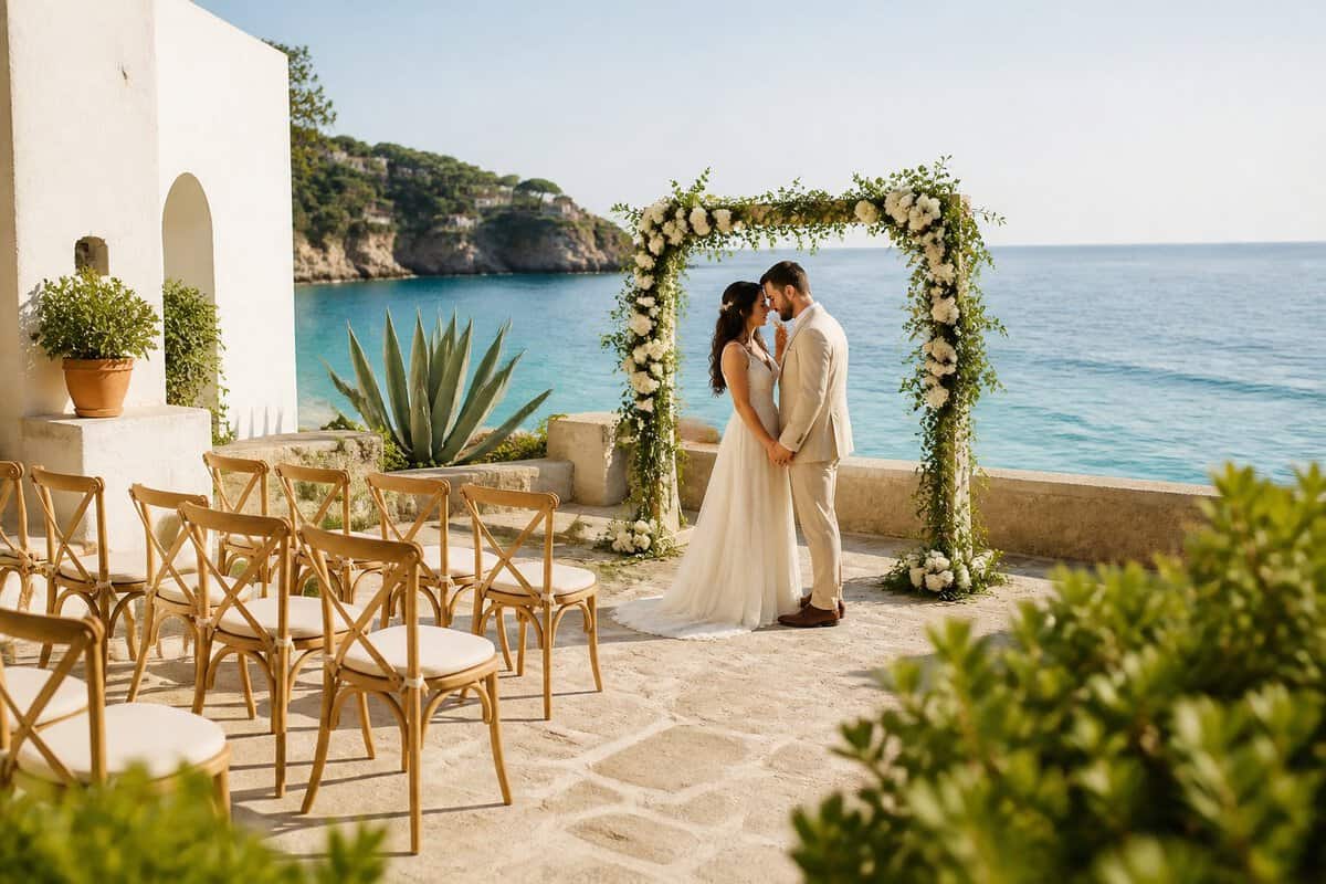 A couple stands beside a simple seaside wedding ceremony setup with white chairs, flowers, and a coastal view.