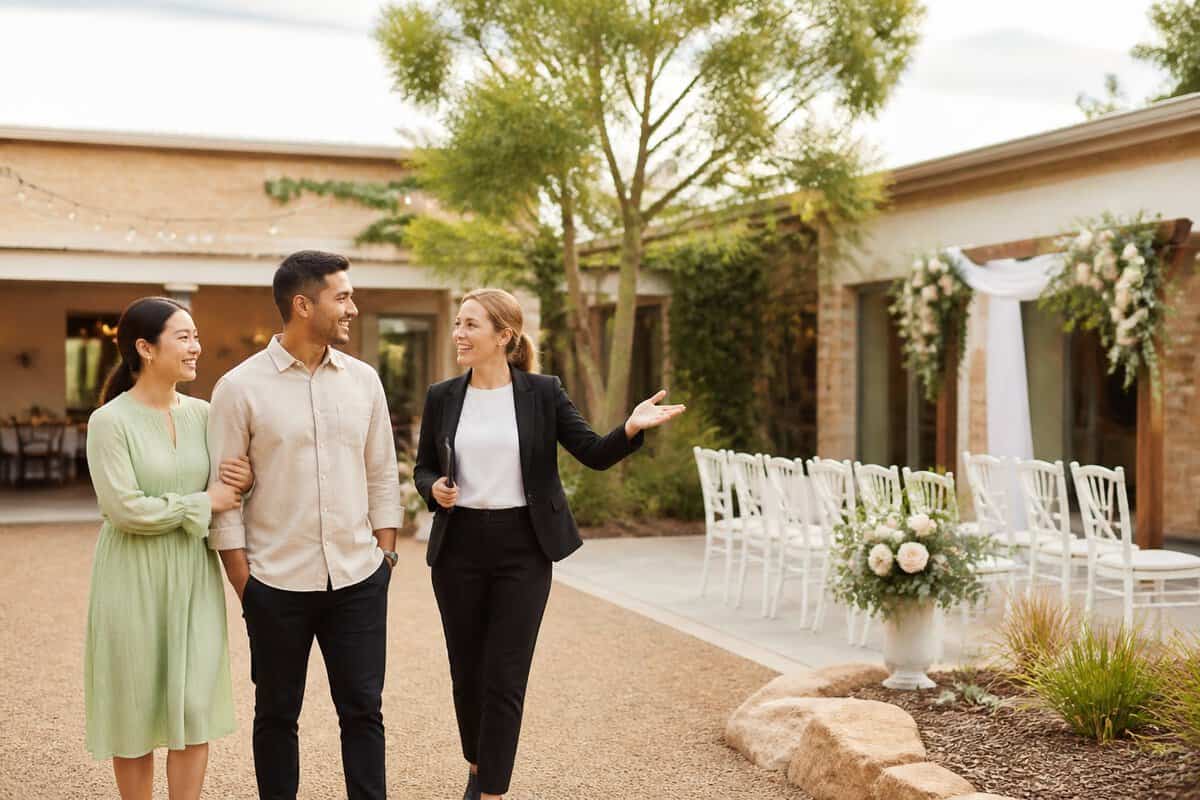 A happy couple tours an affordable wedding venue with a coordinator in a sunlit garden courtyard.