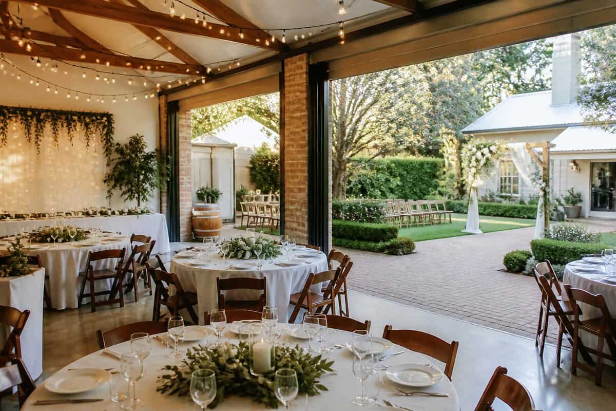 A warmly decorated wedding venue with simple floral arrangements, neatly set tables, and an outdoor garden area.