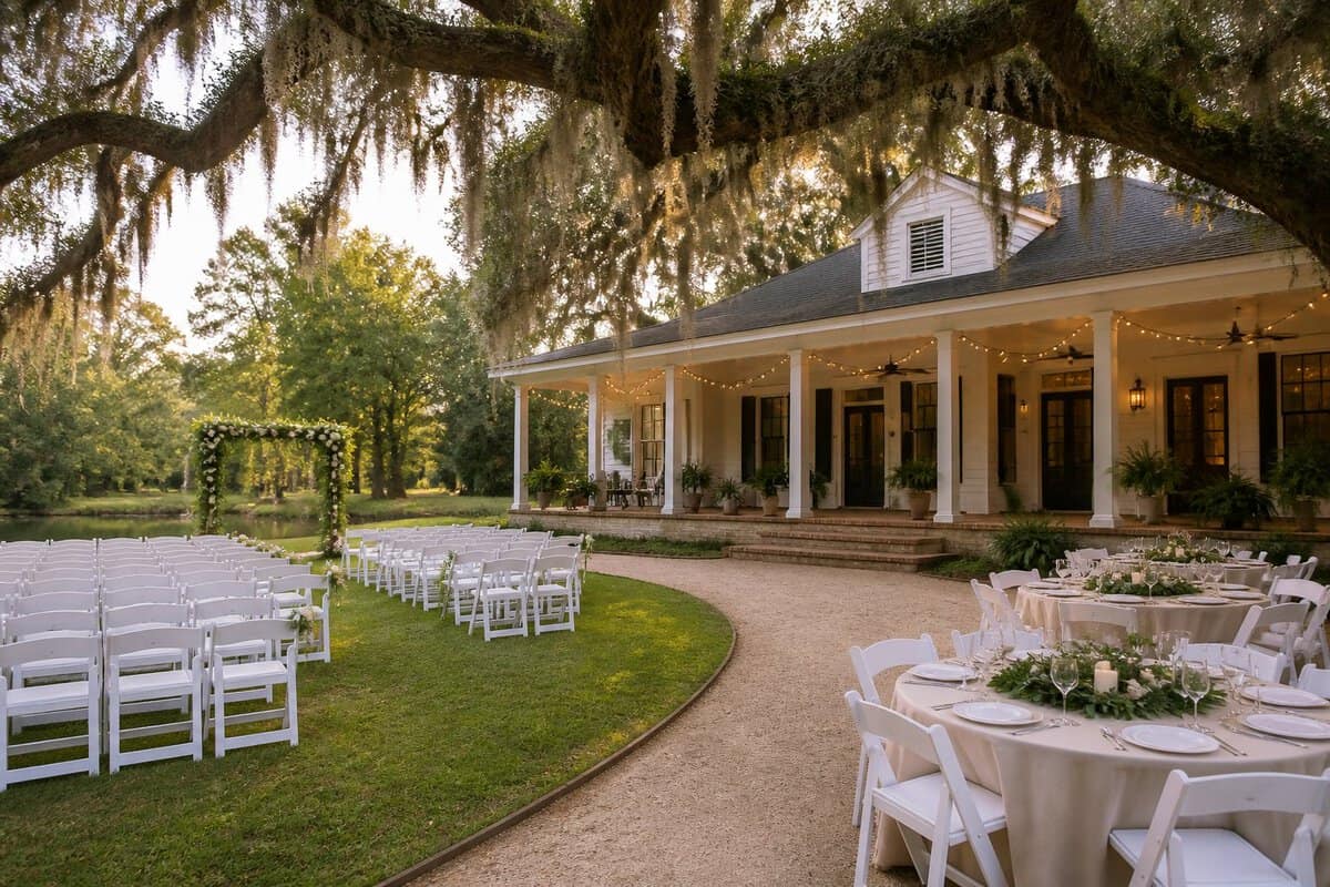 A modest Southern wedding venue with white chairs, simple reception tables, string lights, and moss-draped oak trees.