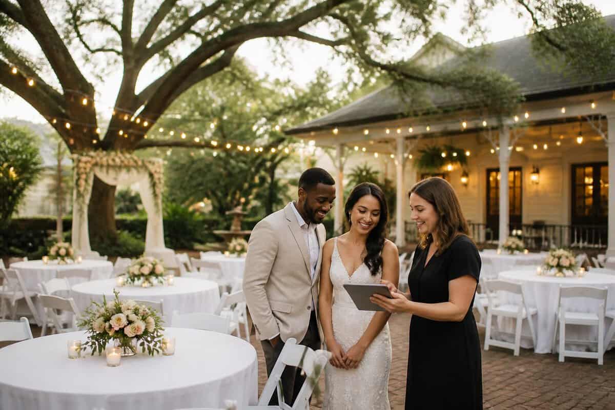 A couple reviews wedding plans with a coordinator beside a simply decorated outdoor reception venue.