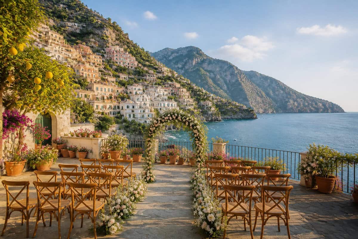 An intimate wedding venue on the Amalfi Coast overlooking the sea, decorated with simple flowers and wooden chairs.