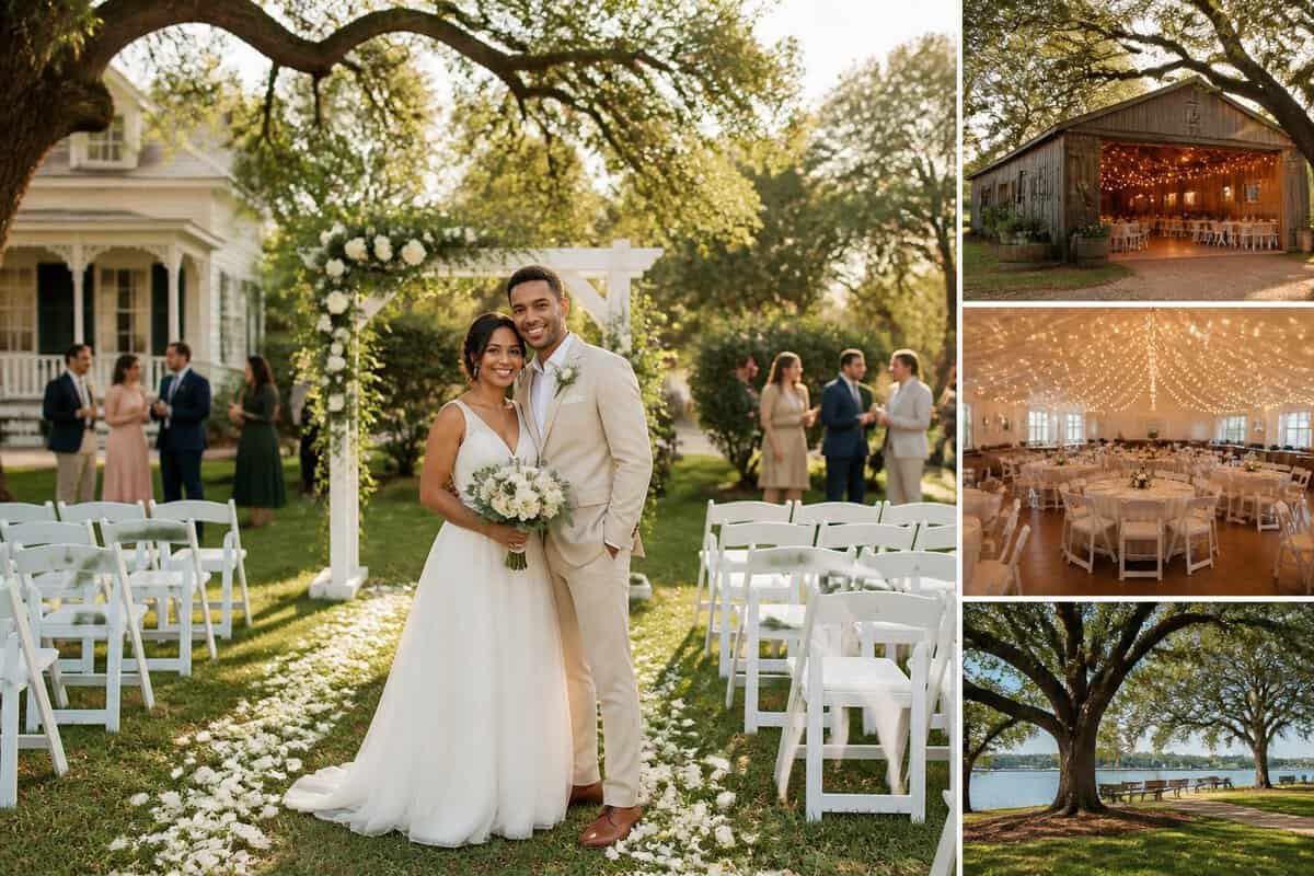 A couple stands beside a simple outdoor wedding ceremony setup at a welcoming venue surrounded by greenery.