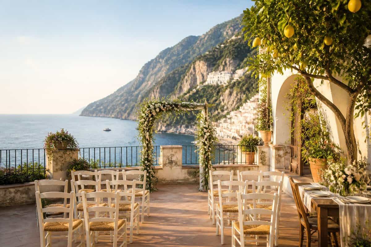 An intimate wedding ceremony setup on a terrace overlooking the Amalfi Coast.