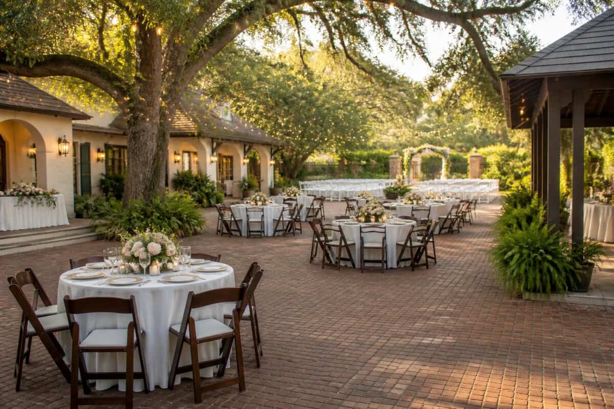 A welcoming wedding venue arranged with seating areas for small, medium, and large celebrations.