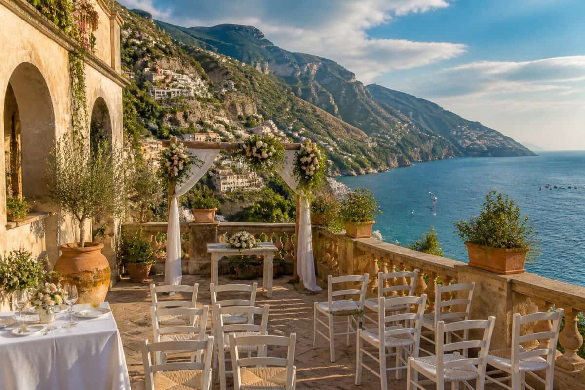 An intimate wedding ceremony setup on a sunny terrace overlooking the Amalfi Coast and Mediterranean Sea.