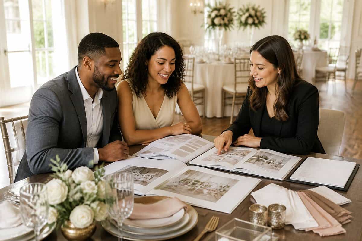 A couple compares wedding venue packages and services with a coordinator at a table in an elegant event space.