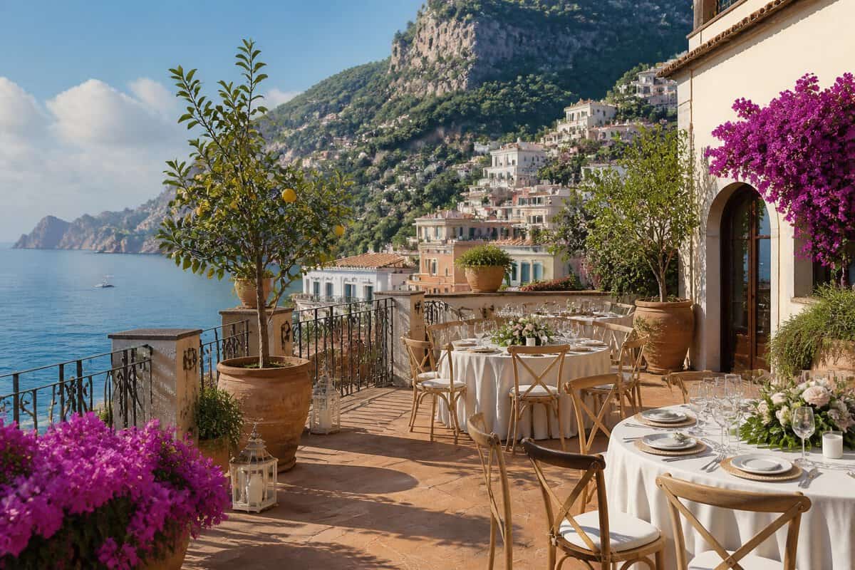 A simple seaside wedding venue on the Amalfi Coast with chairs, flowers, and a Mediterranean view.
