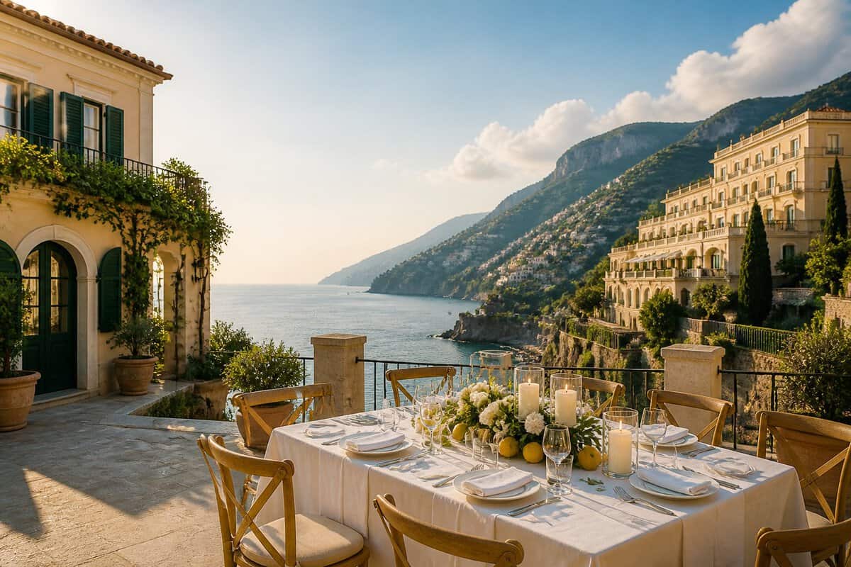 An intimate wedding table on a sunlit terrace overlooking the Amalfi Coast, with a villa and hotel in the background.