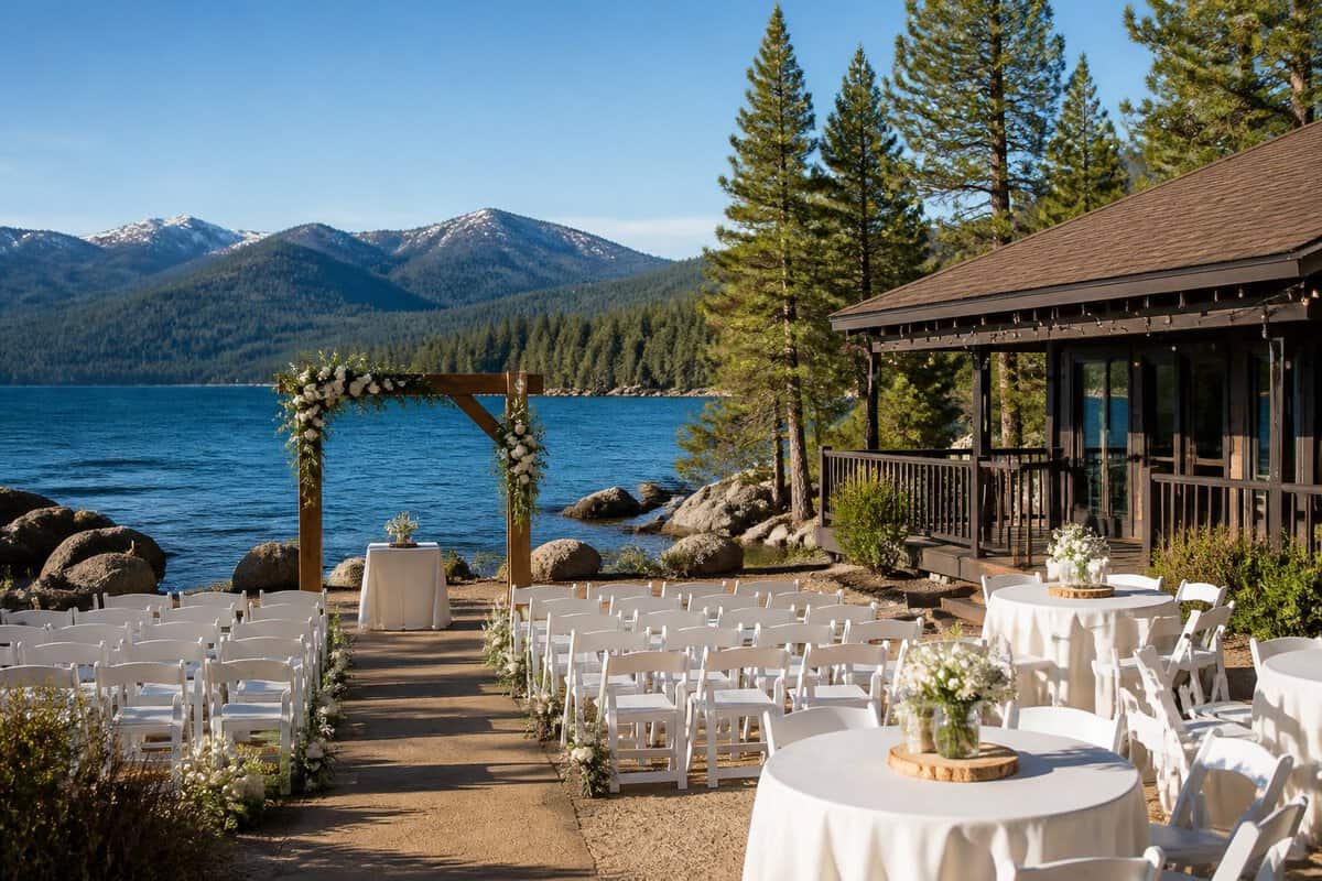 A simple lakeside wedding venue with white chairs, a flower-decorated arbor, Lake Tahoe, and mountain scenery.