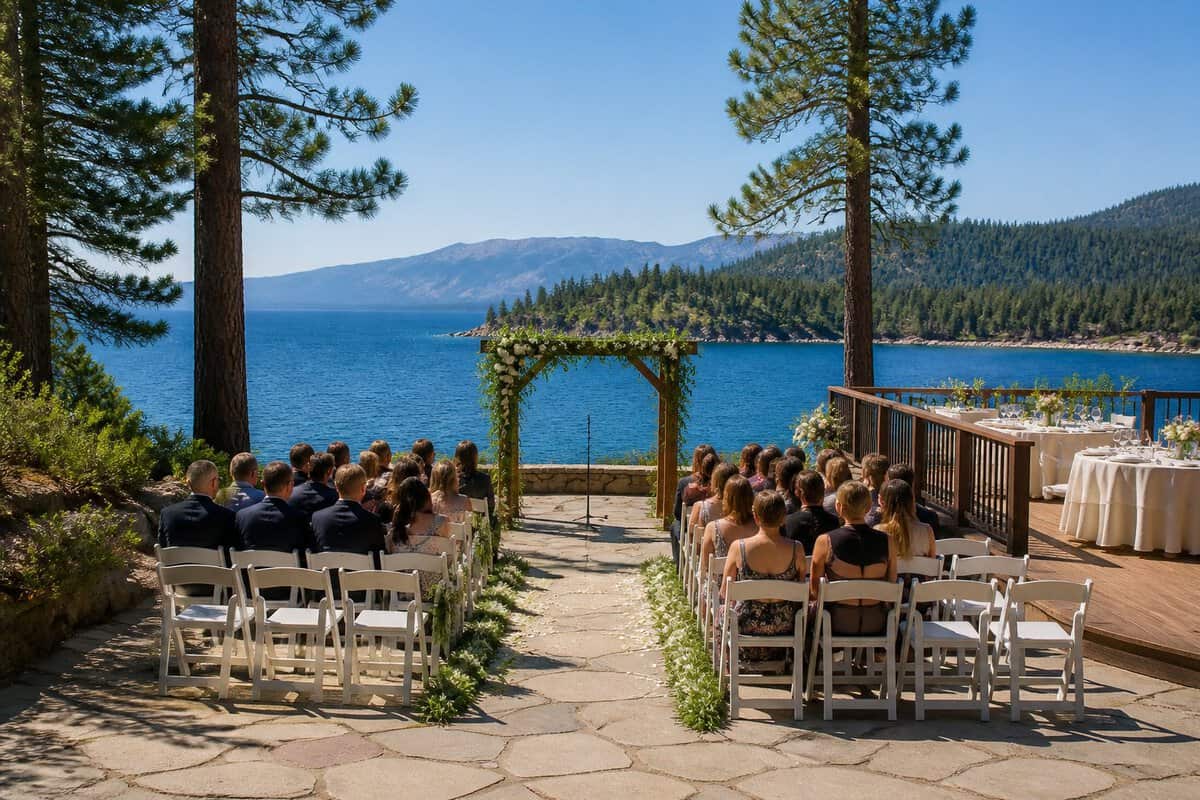 An intimate outdoor wedding venue with simple white chairs beside Lake Tahoe, surrounded by mountains and pine trees.