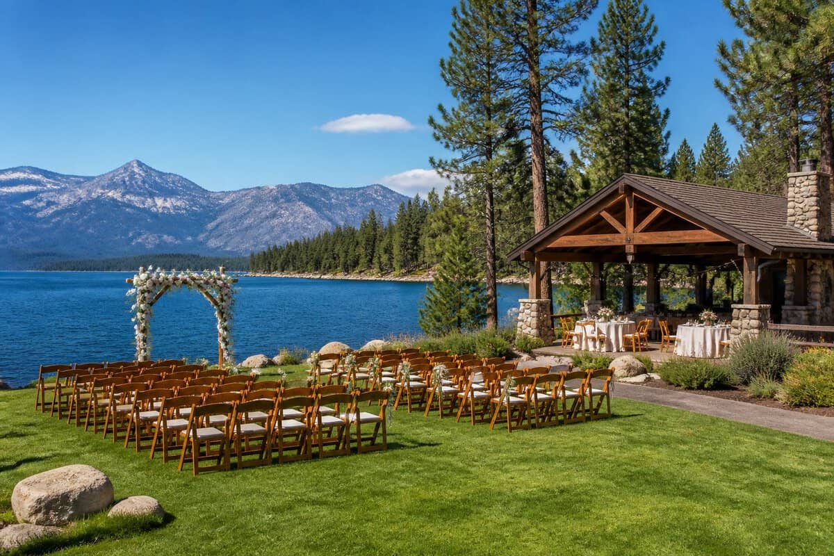 A simple outdoor wedding ceremony setup beside Lake Tahoe with mountain and forest views.