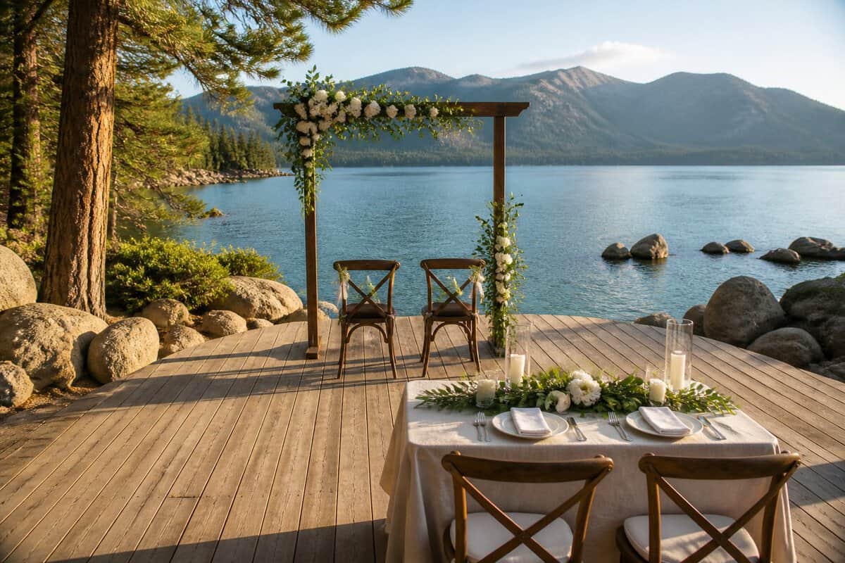 An intimate lakeside wedding setup with simple decorations overlooking Lake Tahoe and forested mountains.