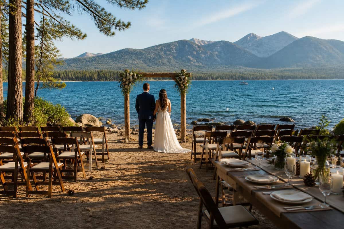 A small lakeside wedding setup with chairs and a floral arch overlooking Lake Tahoe and the surrounding mountains.