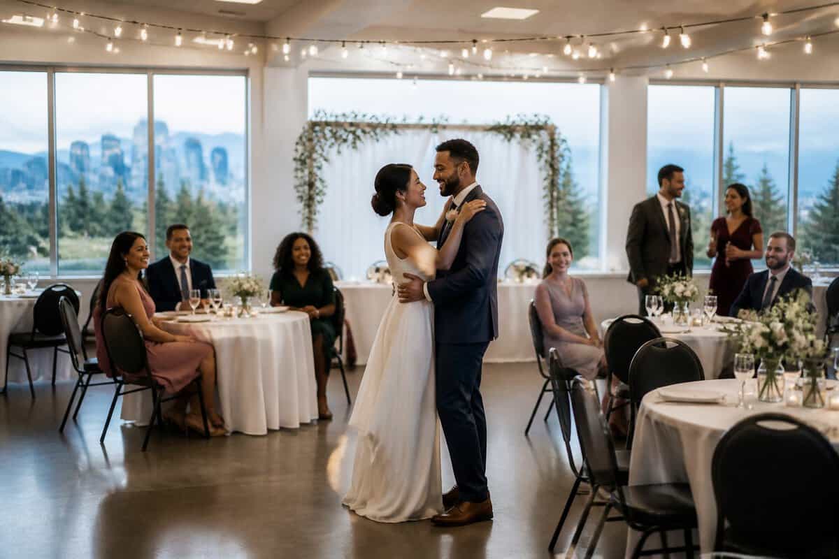 A couple celebrates with guests at an affordable wedding venue overlooking Calgary and the Rocky Mountains.