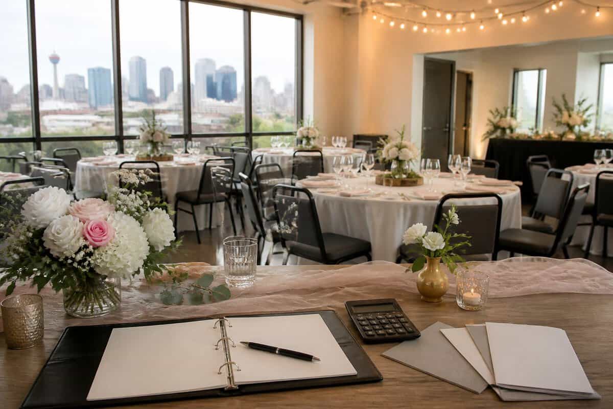 An elegant, modest wedding reception arranged in a bright Calgary venue with simple floral centerpieces and budgeting materials.