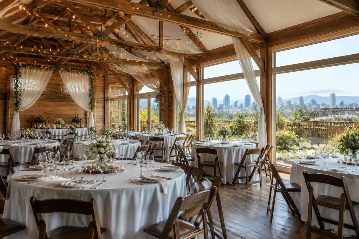 A warmly decorated wedding venue with simple tables, floral arrangements, and a garden view.
