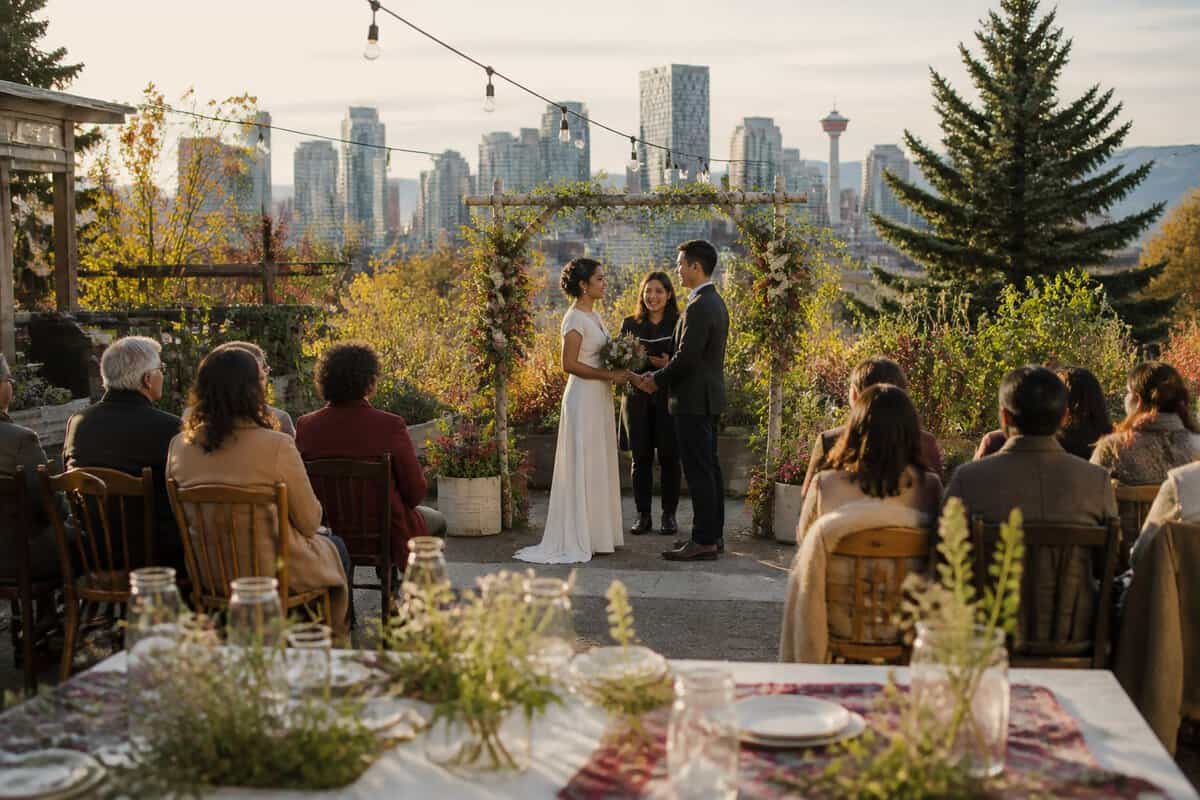 A couple exchanges vows at an intimate outdoor wedding with guests, simple decorations, and the Calgary skyline in the background.