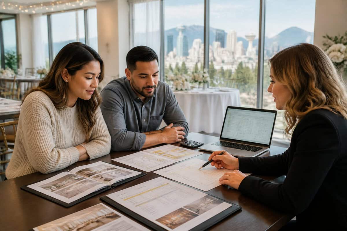 A couple and venue coordinator compare wedding venue quotes at a table in a bright Calgary meeting room.