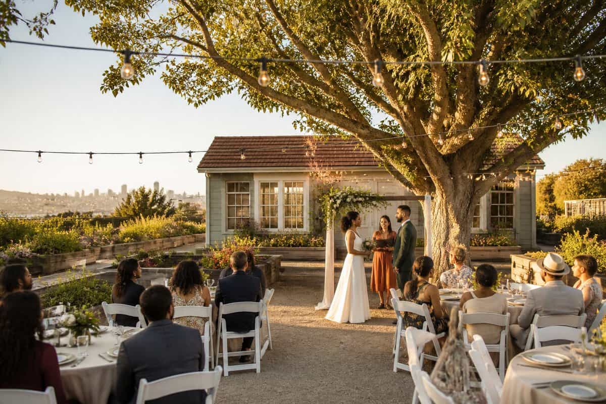 A couple and guests gather at a simple outdoor wedding venue with string lights, flowers, and Bay Area hills in the background.