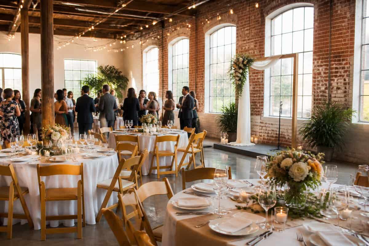 An intimate wedding gathering in a charming urban venue with exposed brick walls, warm lighting, simple tables, and floral decorations.