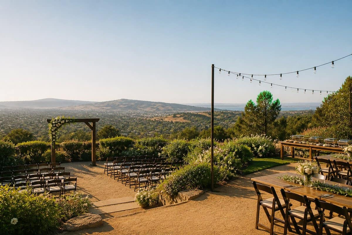 A modest outdoor wedding venue with garden ceremony seating, reception tables, and views of rolling East Bay hills.