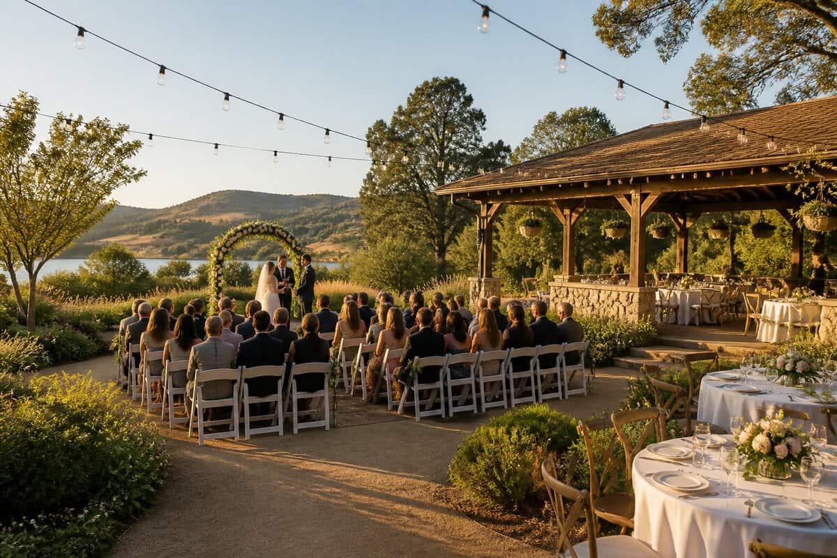 An affordable outdoor wedding venue with simple seating, floral decor, and guests surrounded by greenery and rolling hills.