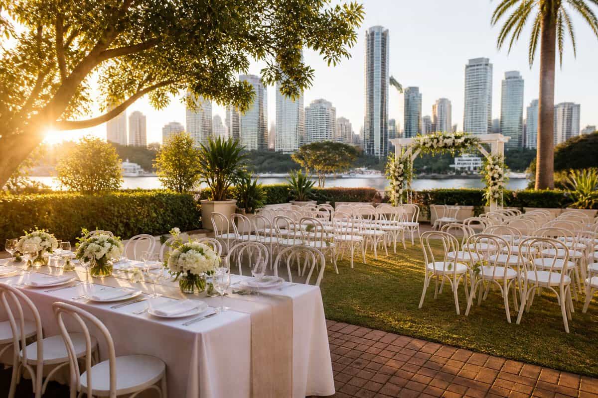 An elegant outdoor wedding reception setup at a Brisbane venue with simple decorations and lush greenery.