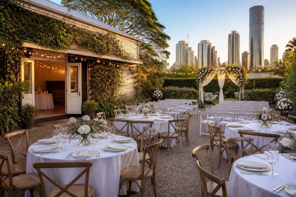An elegant outdoor wedding ceremony setup at an affordable Brisbane venue with garden landscaping and city buildings in the background.