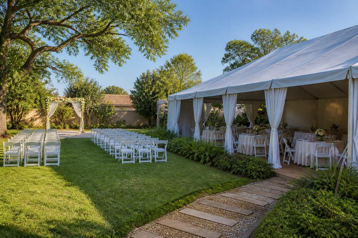 A modest garden wedding venue in Centurion with white chairs, a floral arch, and a reception tent.