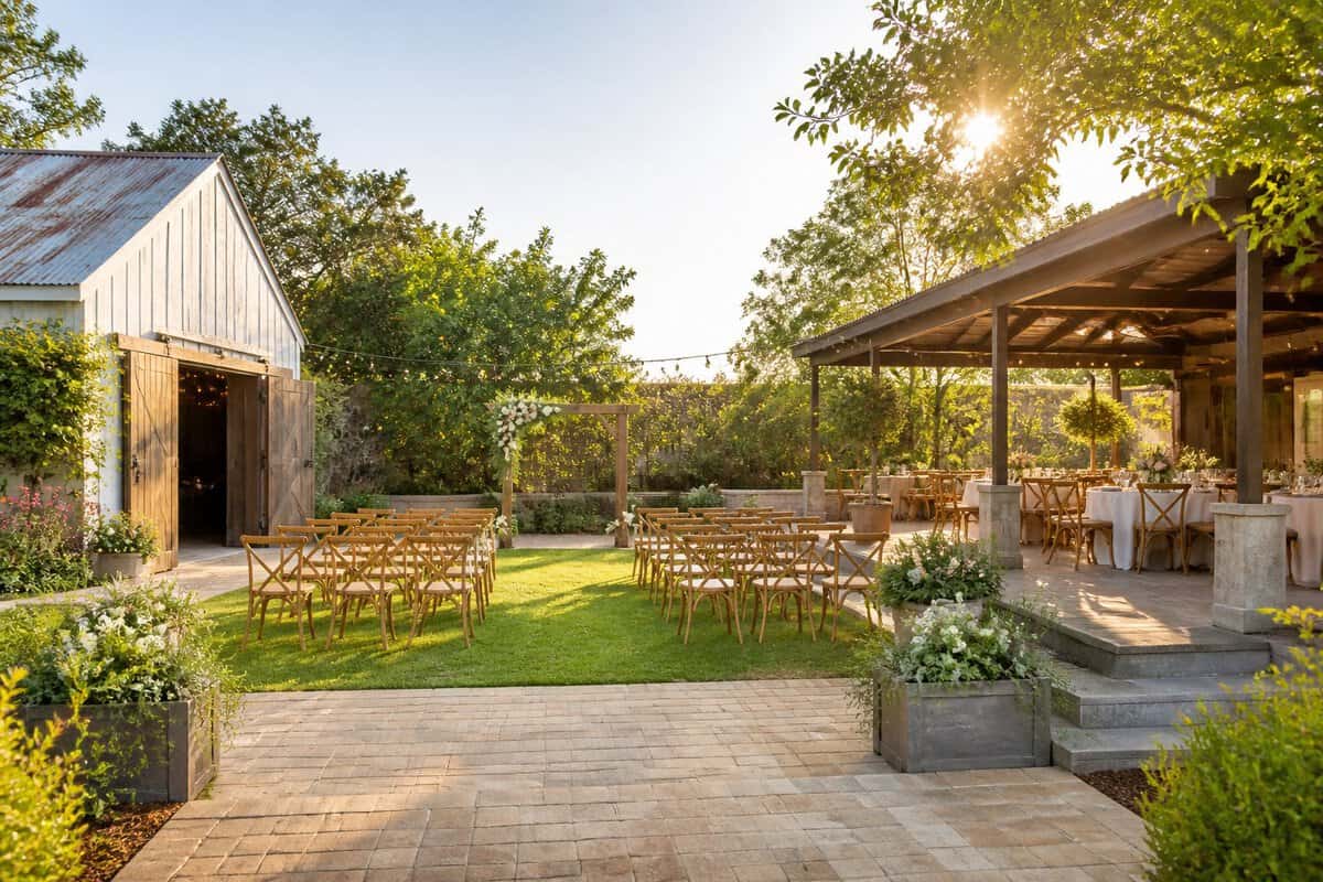 An outdoor wedding venue with chairs, flowers, string lights, and a garden pavilion.
