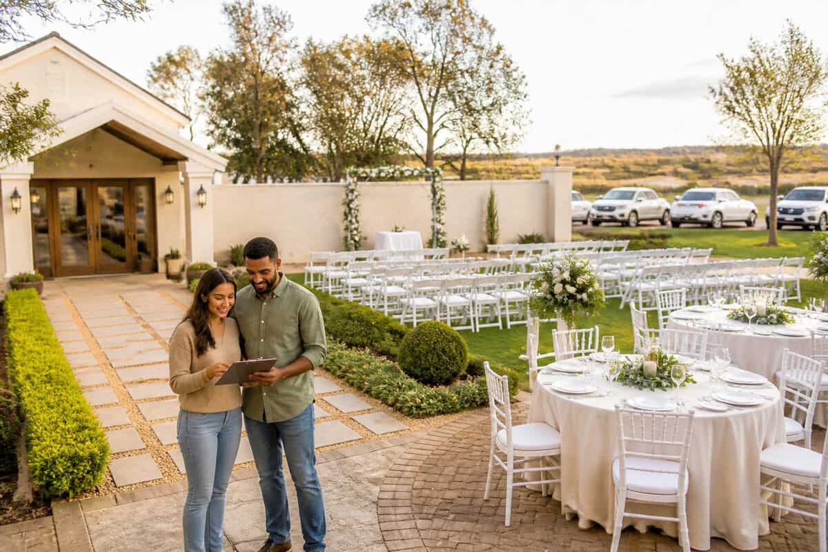 A couple compares a bright garden wedding venue with ceremony chairs, reception tables, and parking nearby.