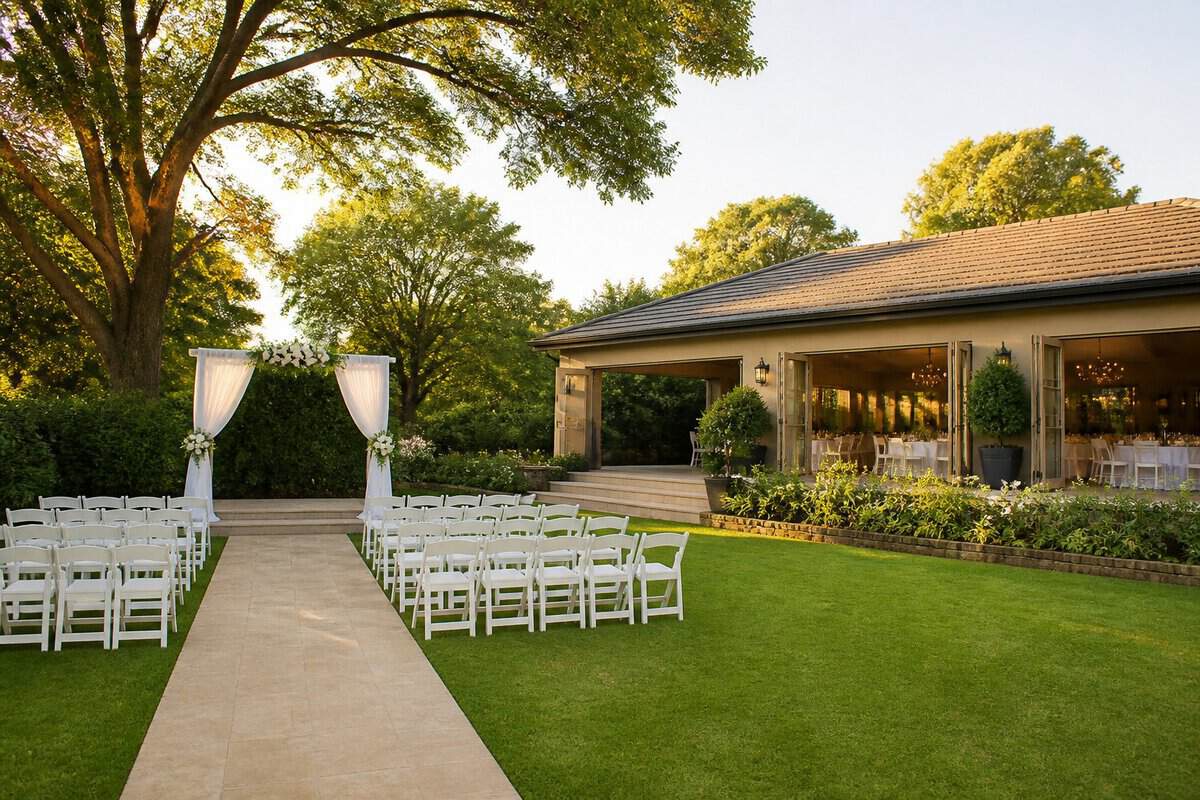 A landscaped wedding venue in Centurion with white chairs, a floral arch, and a decorated reception area.