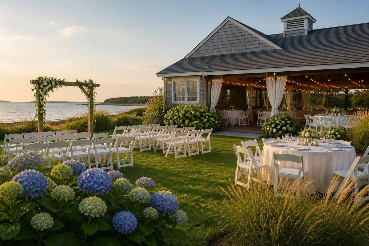 A simple seaside wedding venue on Cape Cod with white chairs, floral decorations, and tables overlooking the water.