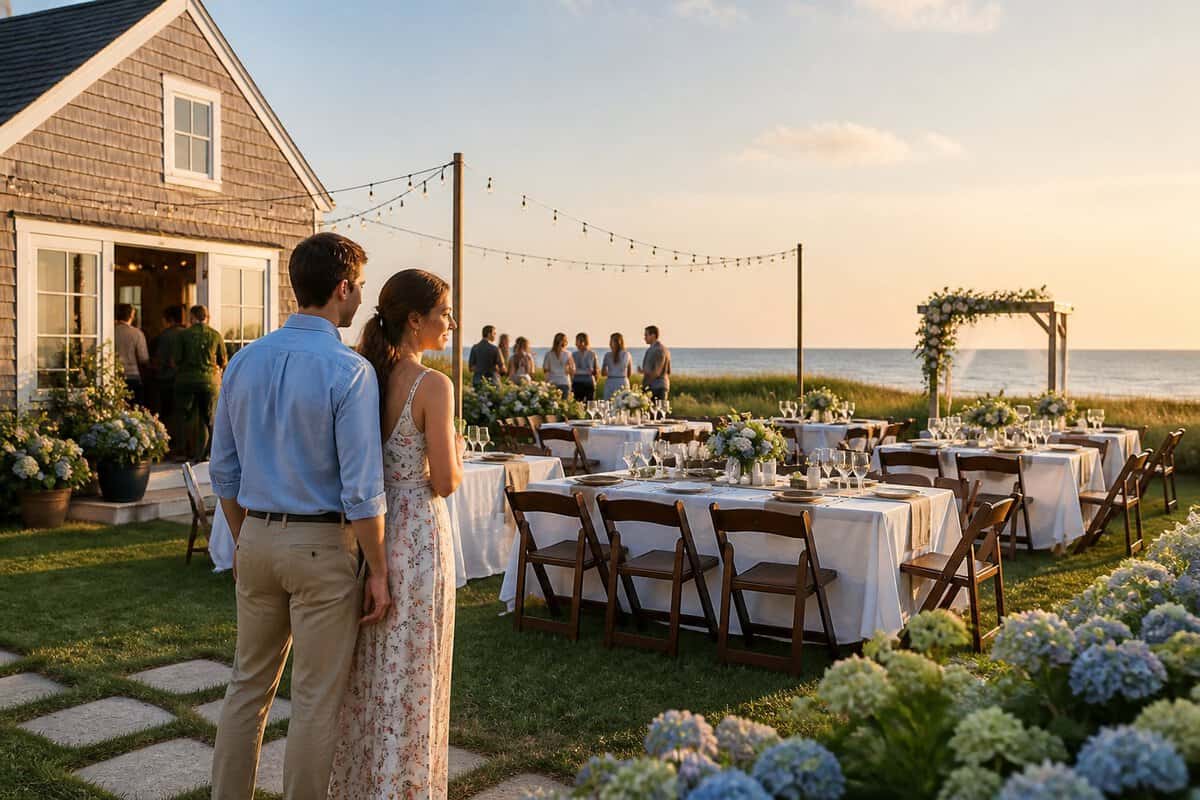 A couple explores an intimate coastal wedding venue with simple reception decorations near the Cape Cod shoreline.