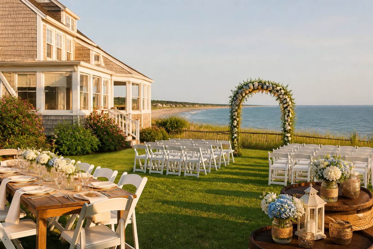 A simple seaside wedding venue on Cape Cod with white chairs, modest decorations, dunes, and ocean water in the background.