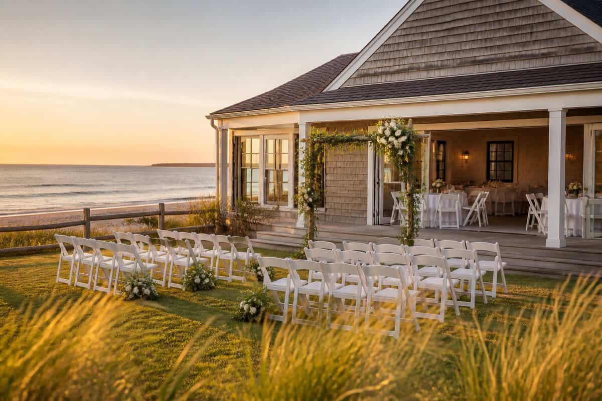 A simple coastal wedding venue on Cape Cod with white chairs, a floral ceremony arch, and a calm bay in the background.